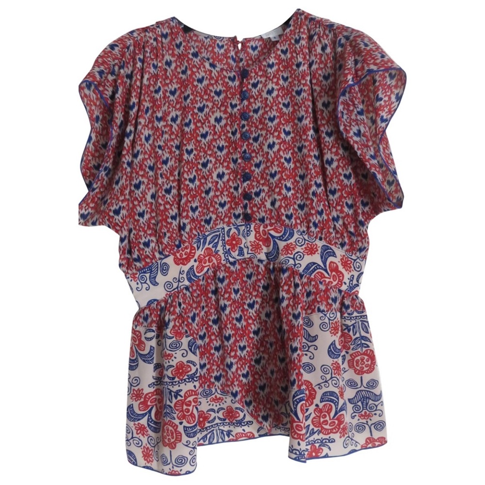 ANNA SUI Vintage Y2K Red and Blue Floral Mixed Print Silk Top Boho Blouse 6 M